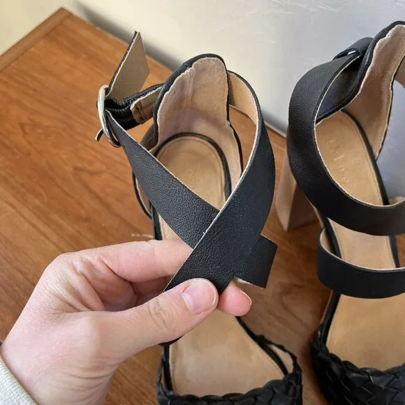 Bohme Zoey Black Heel Woven Boho 8.5 Pointed Strappy Leather Chunky Criss Cross - Picture 4 of 7